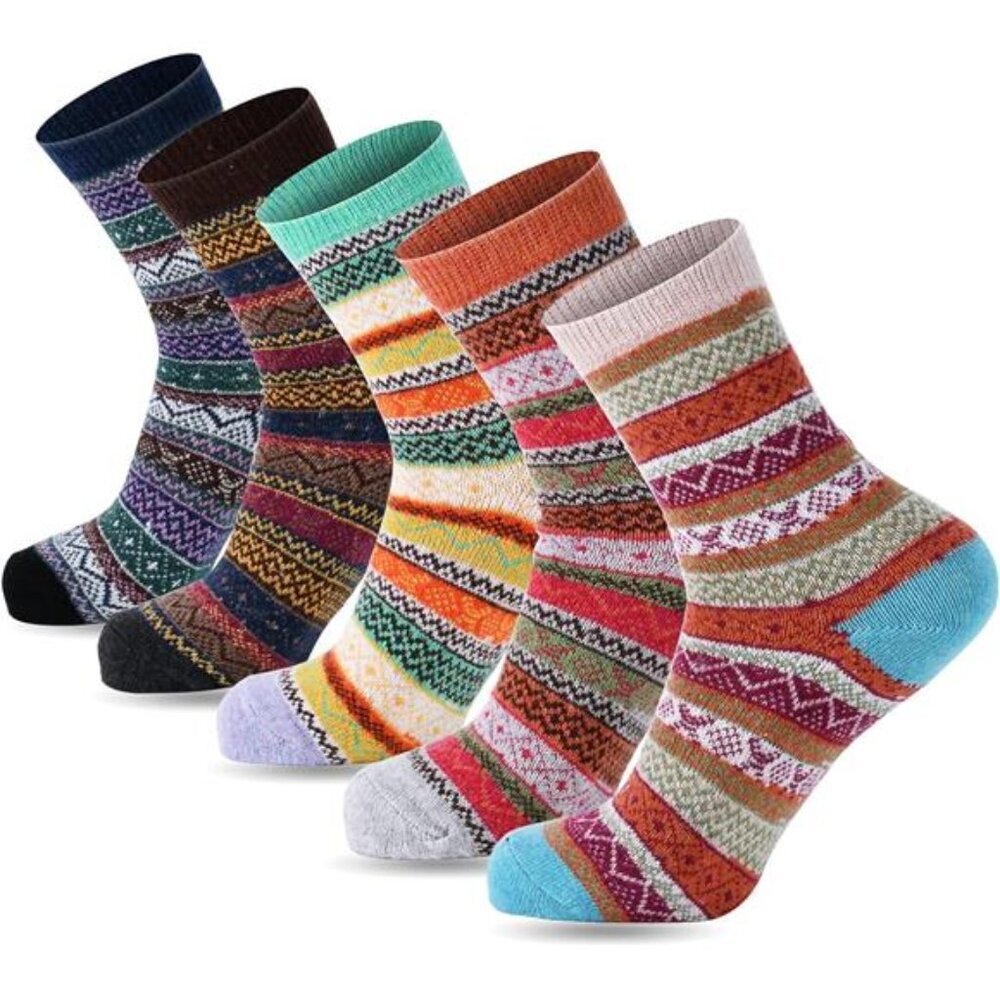Wool Socks for Women, 5 Pairs Winter Warm Thick Crew Knit Socks Vintage Cozy